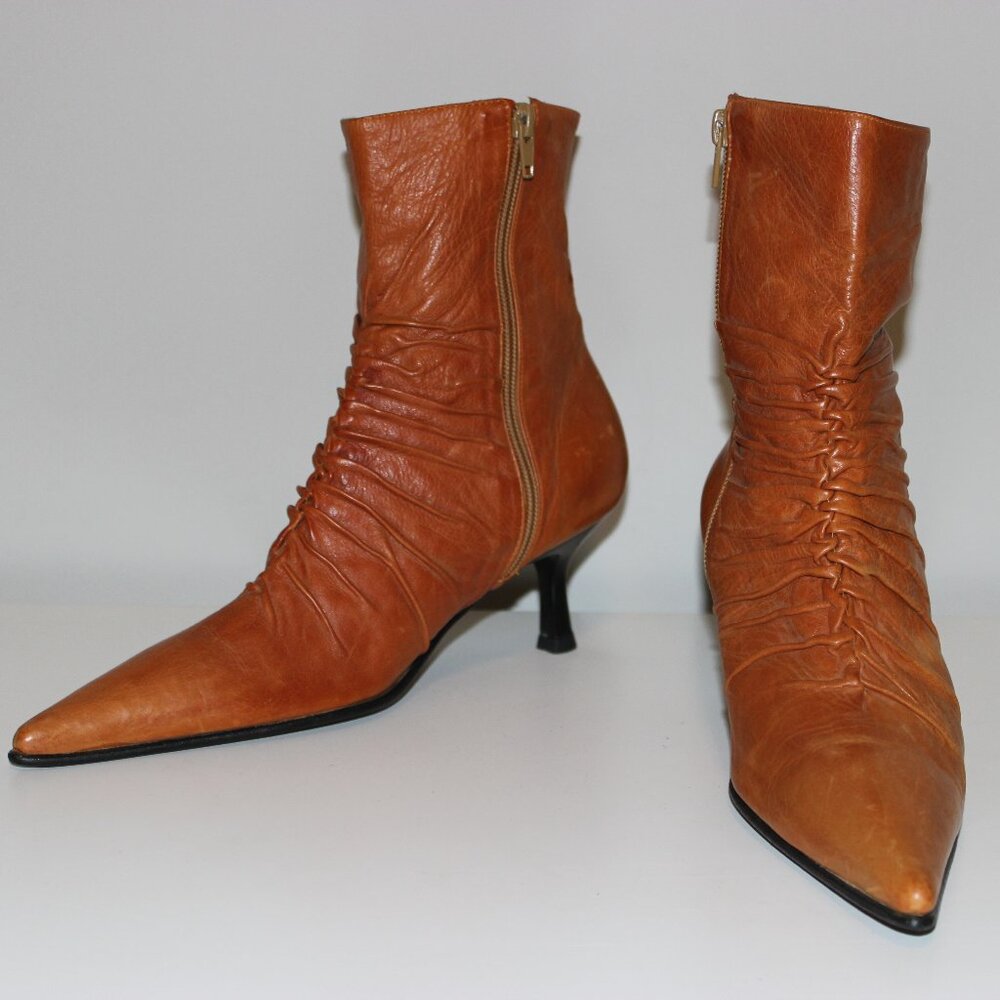 Stivali Vintage Pointed Toe Brown Leather Handmade Boho Ankle Boots Size 37 / 6